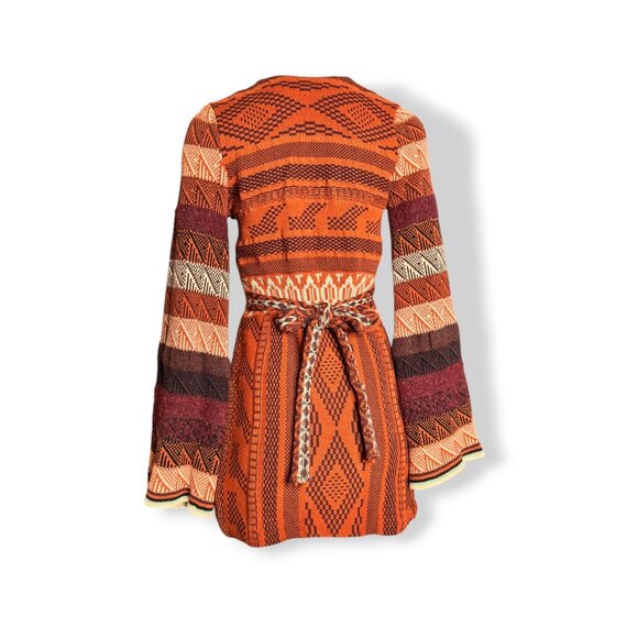 Free People Orange Knit Boho Sweater Dress XS Bell Sleeves Tie Back V Neck - Picture 4 of 15